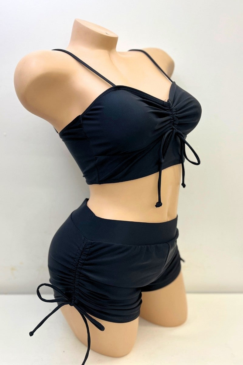 Ruched Bikini Set With Drawstring Shorts - Black
