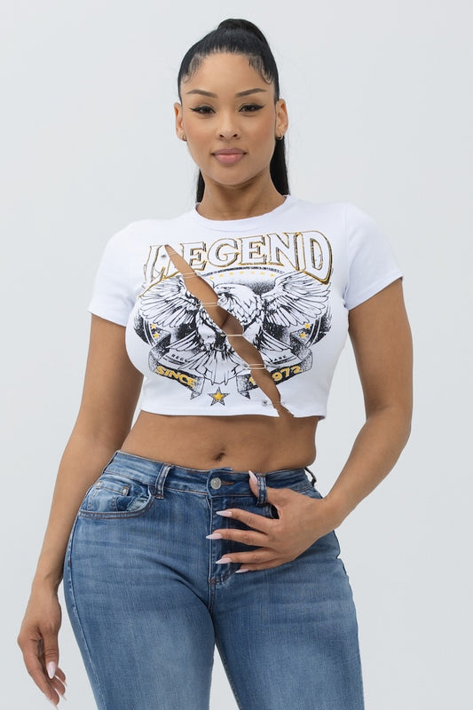 Grunge Pinned Slit Graphic Cotton Top- White