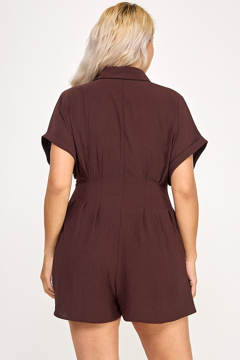 Crinkle Textured Dolman Sleeve Shirt Belted Romper #R4661-1