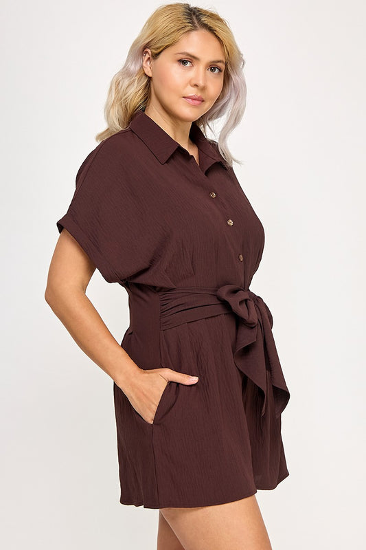 Crinkle Textured Dolman Sleeve Shirt Belted Romper #R4661-1