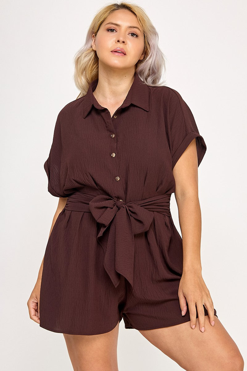 Crinkle Textured Dolman Sleeve Shirt Belted Romper #R4661-1