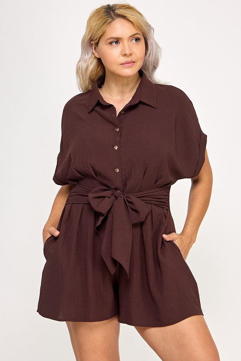 Crinkle Textured Dolman Sleeve Shirt Belted Romper #R4661-1