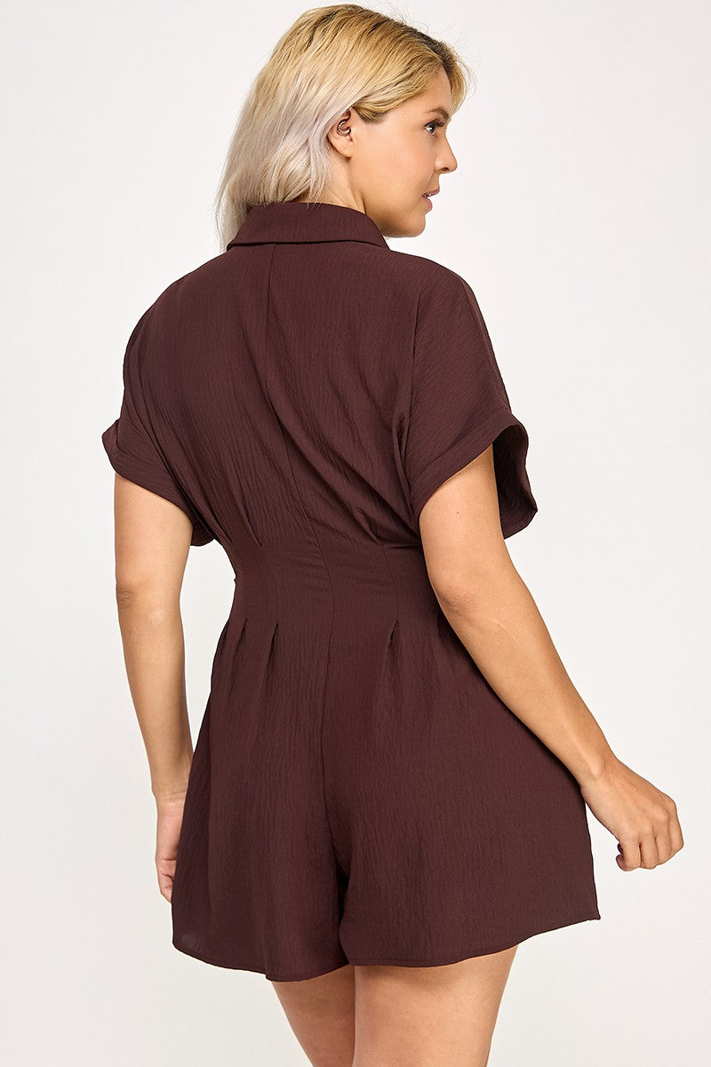 Crinkle Textured Dolman Sleeve Shirt Belted Romper #R4661-1