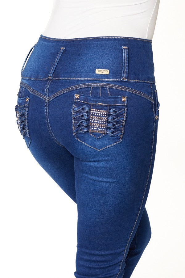 Blue jeans with decorative back pocket on a white background