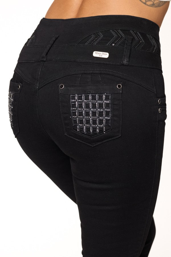 Black pants with decorative stitching and pocket design on a white background