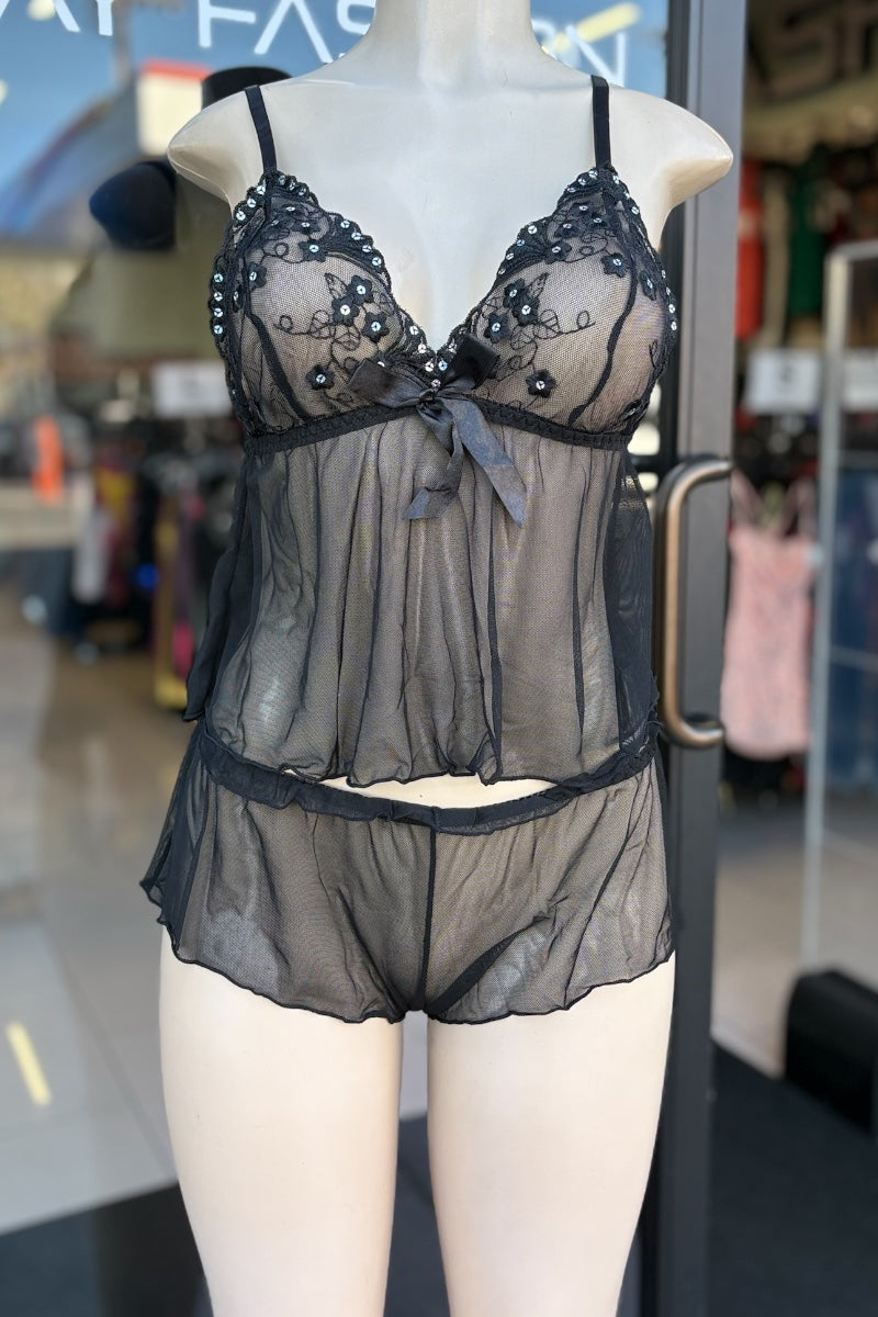 2 Piece Sequin Tank Top and Mesh Shorts Lingerie Set - Black