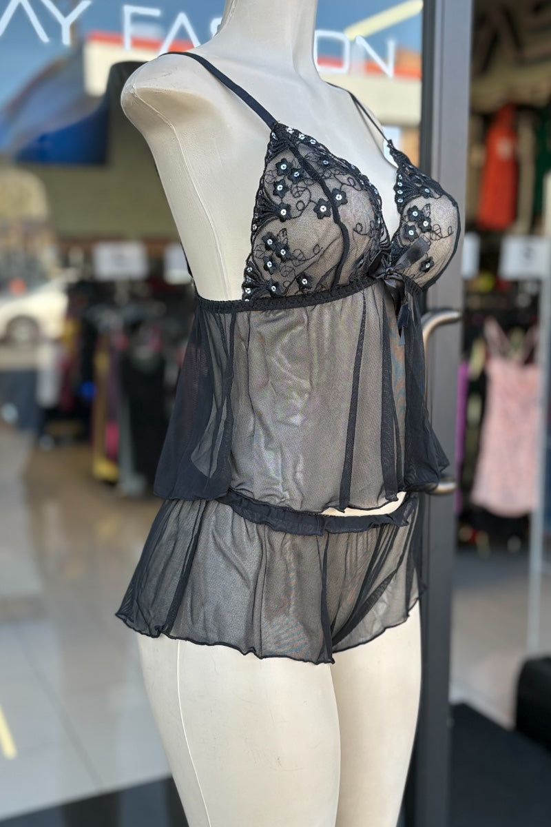 2 Piece Sequin Tank Top and Mesh Shorts Lingerie Set - Black