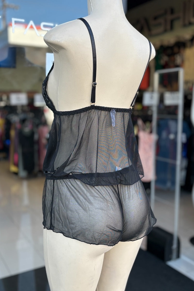 2 Piece Sequin Tank Top and Mesh Shorts Lingerie Set - Black