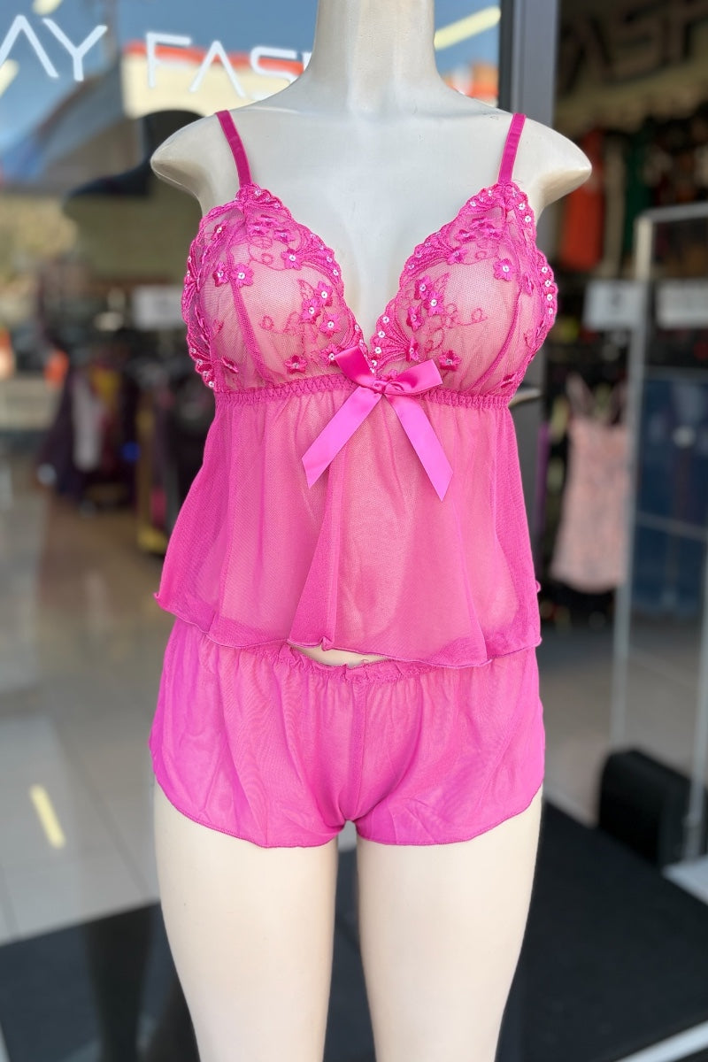 2 Piece Sequin Tank Top and Mesh Shorts Lingerie Set - Pink