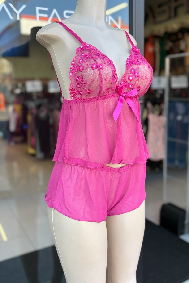 2 Piece Sequin Tank Top and Mesh Shorts Lingerie Set - Pink