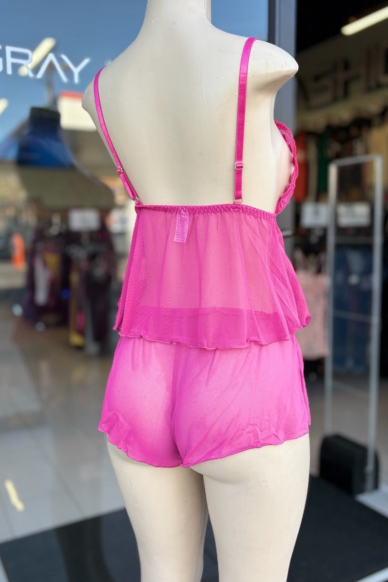 2 Piece Sequin Tank Top and Mesh Shorts Lingerie Set - Pink