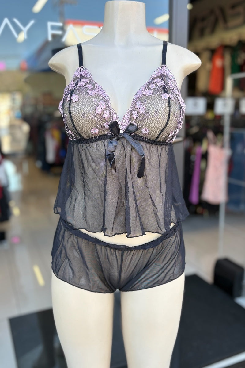 2 Piece Sequin Tank Top and Mesh Shorts Lingerie Set - Rose