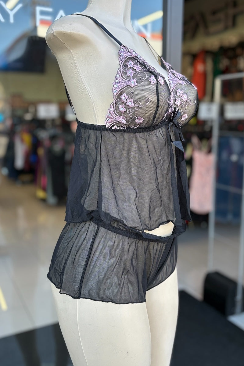 2 Piece Sequin Tank Top and Mesh Shorts Lingerie Set - Rose