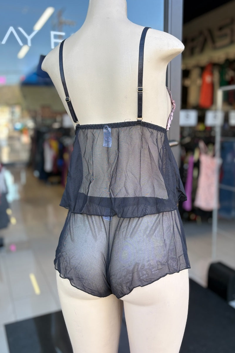 2 Piece Sequin Tank Top and Mesh Shorts Lingerie Set - Rose