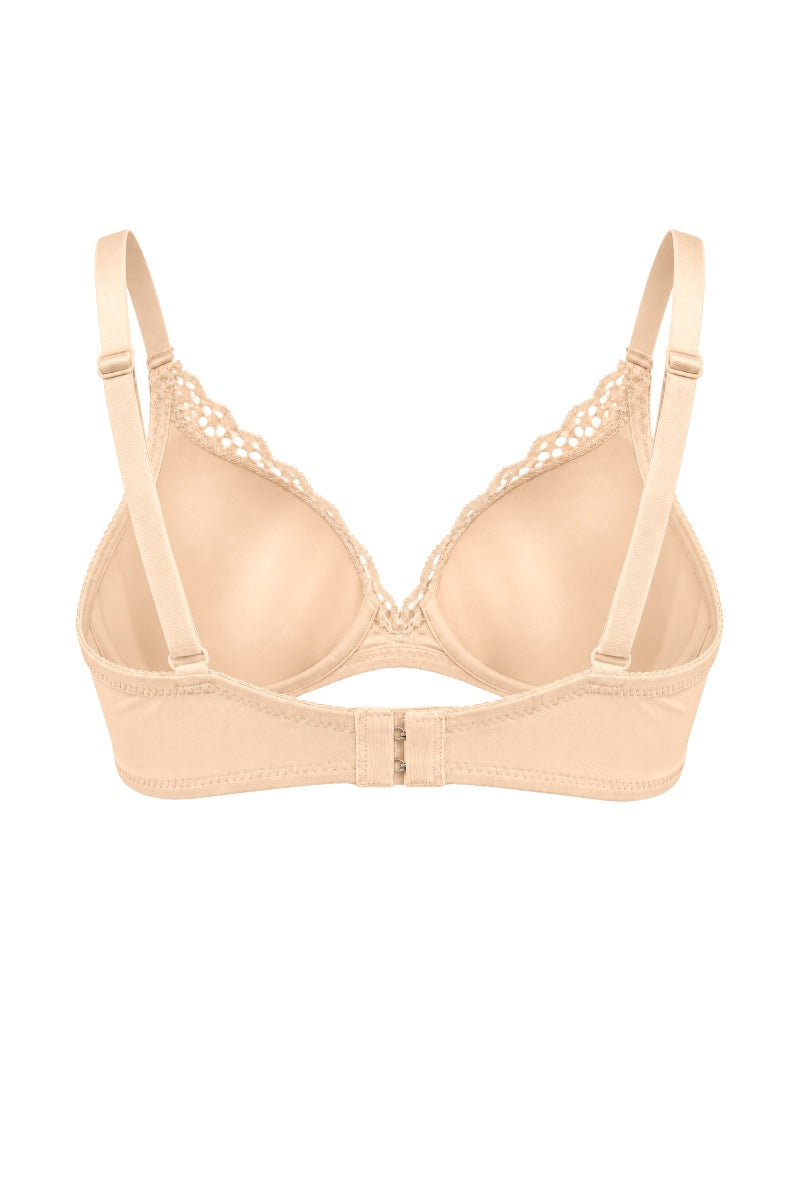 A light beige underwire bra with adjustable straps and a delicate lace trim along the cups, shown against a plain white background.