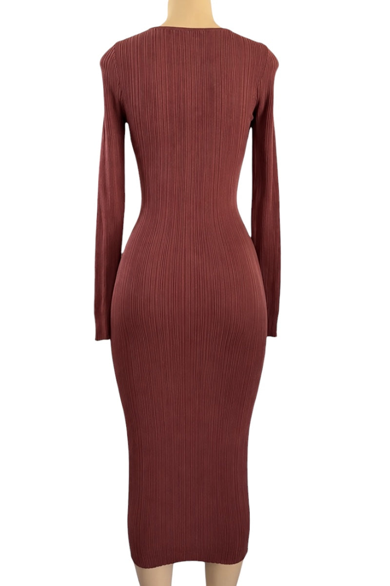 brown ribbed dress on a mannequin against a white background