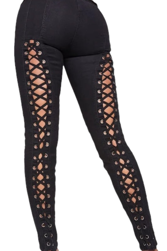 Black Jeans with lace-up side panels on a white background