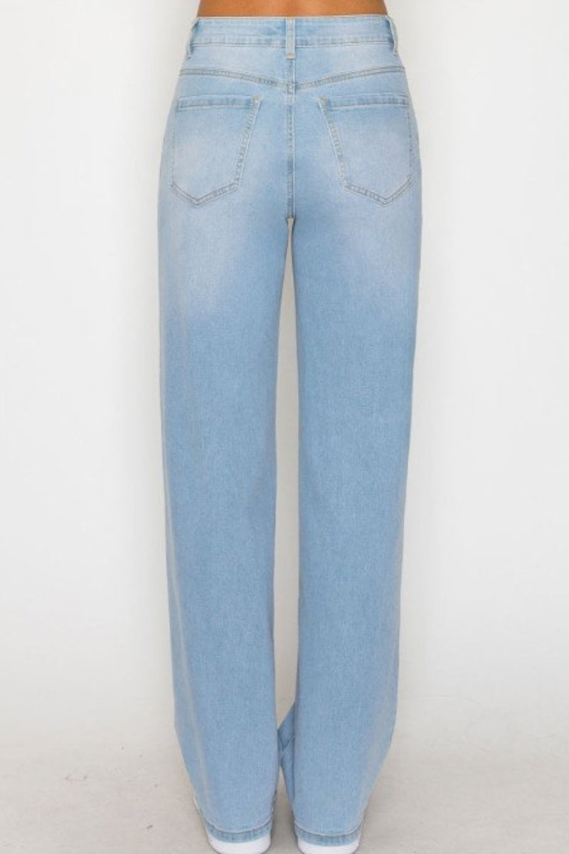 Light wash blue straight-leg jeans shown from the back on a model, featuring a five-pocket design and a faded wash effect.