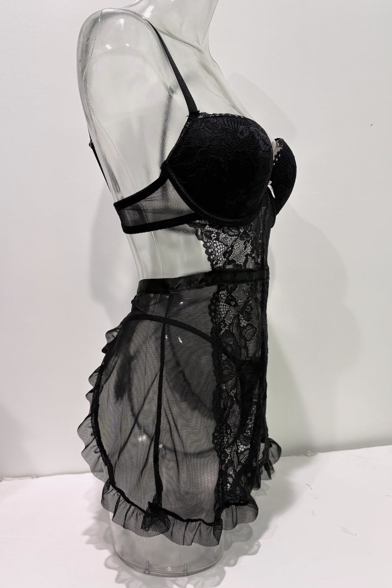 Black lace and sheer mesh babydoll lingerie displayed on a clear mannequin torso against a plain white background.