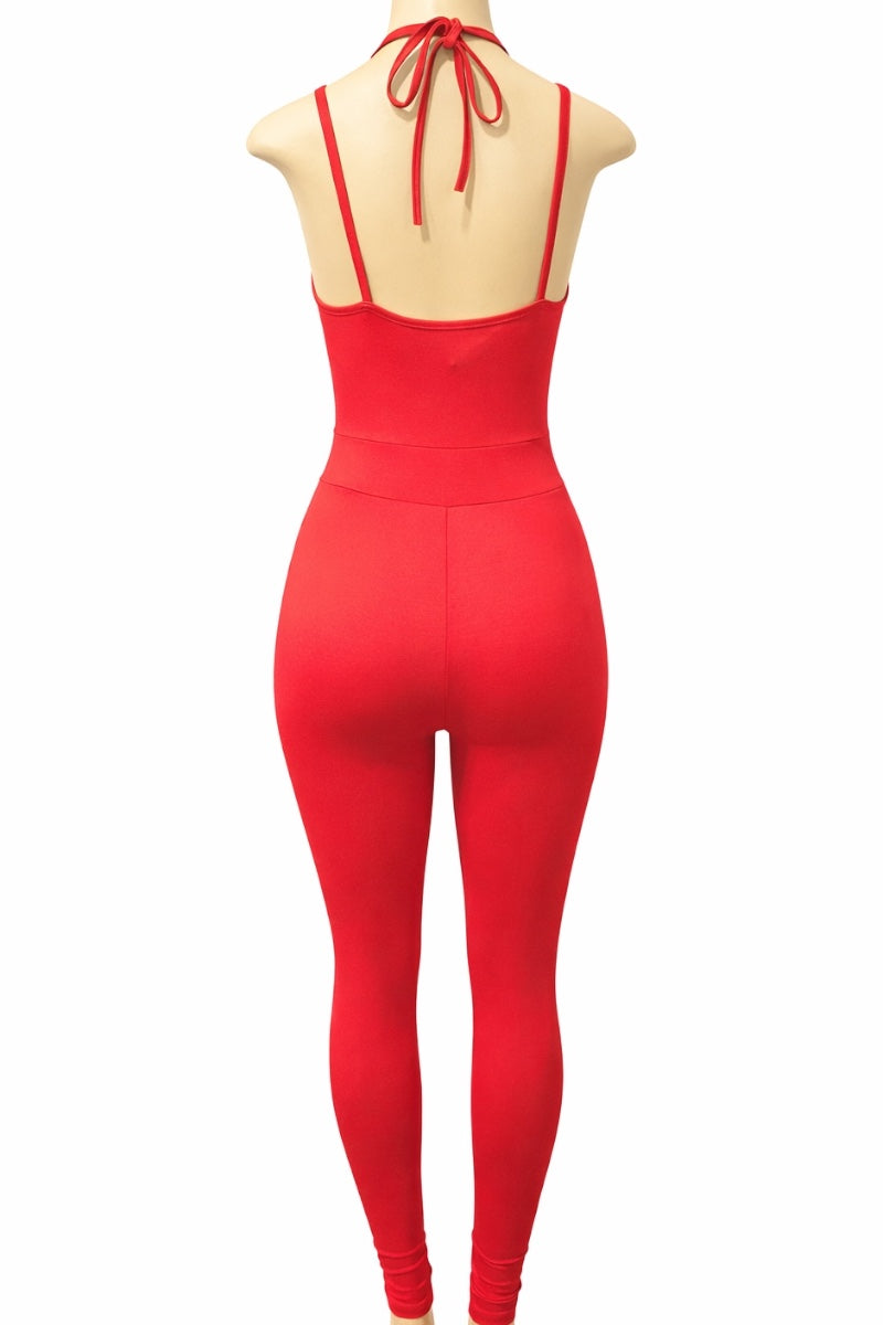 Red jumpsuit with open back on a white background