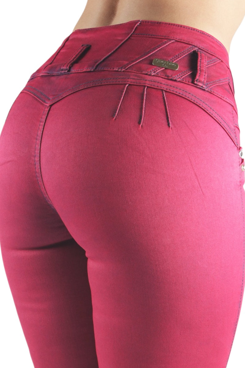 Red jeans with a focus on the back pocket and waistband.