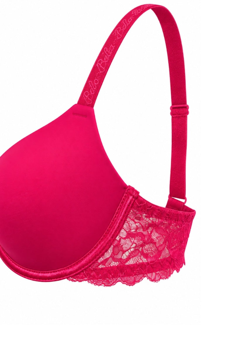 A pink bra with matching lace underwire and a lace-trimmed band, featuring an adjustable shoulder strap with the brand name 'Bella' printed on it, set against a plain white background.