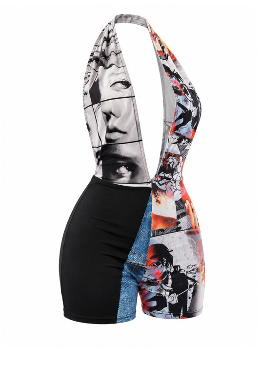 A women's halter-neck one-piece romper with a bold color-blocked print. The left side is solid black, while the right side features a vibrant collage print of black-and-white faces, blue denim, and red/orange abstract accents.