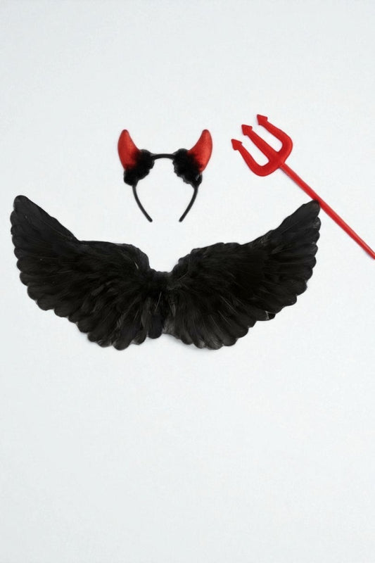 Black wings, red devil horns, and red pitchfork on a white background