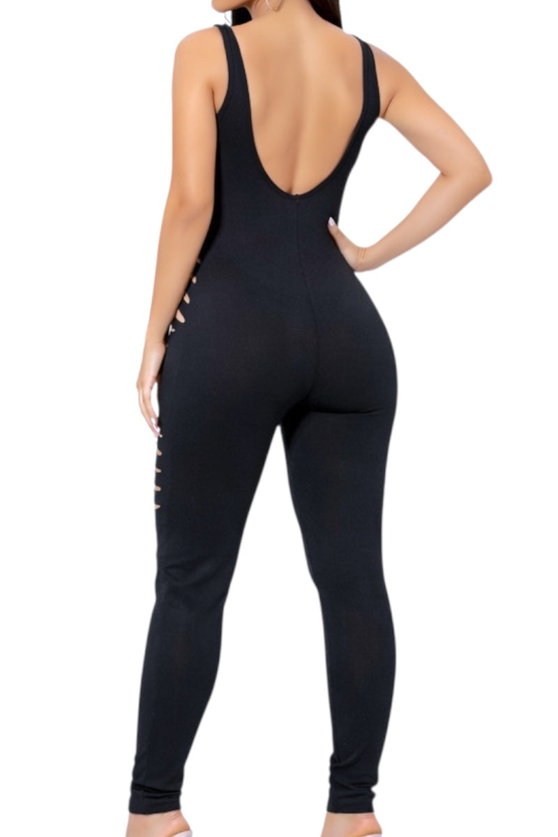 Black jumpsuit with open back on a white background