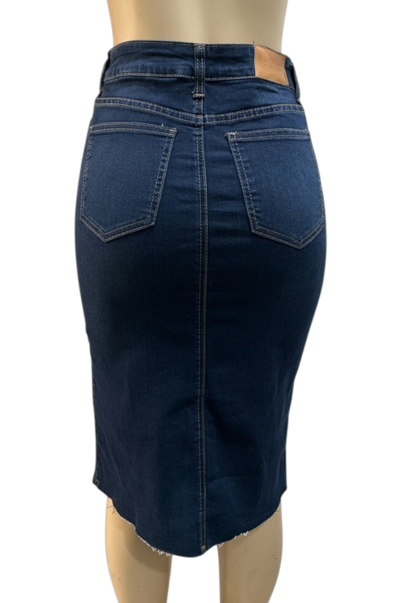 Blue denim pencil skirt on a mannequin against a white background
