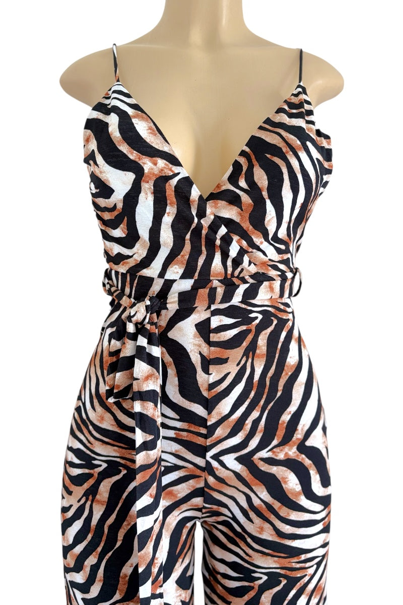Zebra Print Wide Leg Jumpsuit on a white background