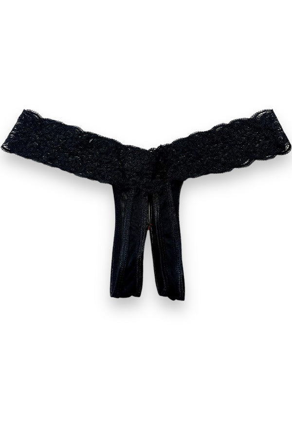 Lace & Mesh Crotchless Thong Panty