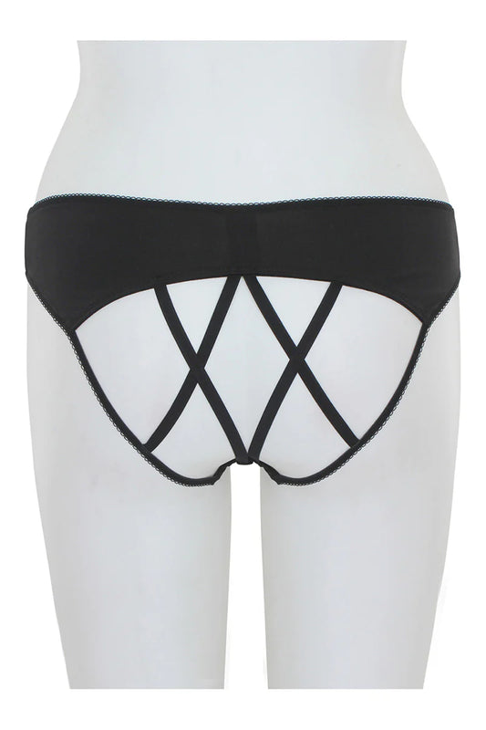black criss-cross underwear on a white background