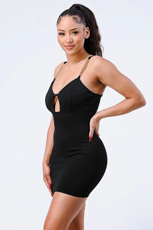 Luxe Gold Chain Sleeves Keyhole Bodycon Dress