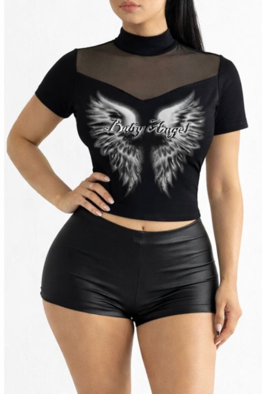 Black crop top with mesh design and 'Baby Angel' wings graphic, paired with black shorts on a white background.