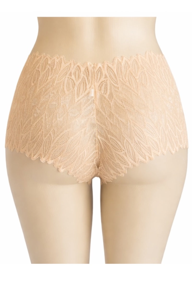 Beige lace shorts on a mannequin against a white background