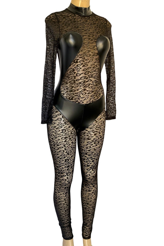 Leopard print bodysuit with sheer long-sleeve top and tights on a mannequin against a white background