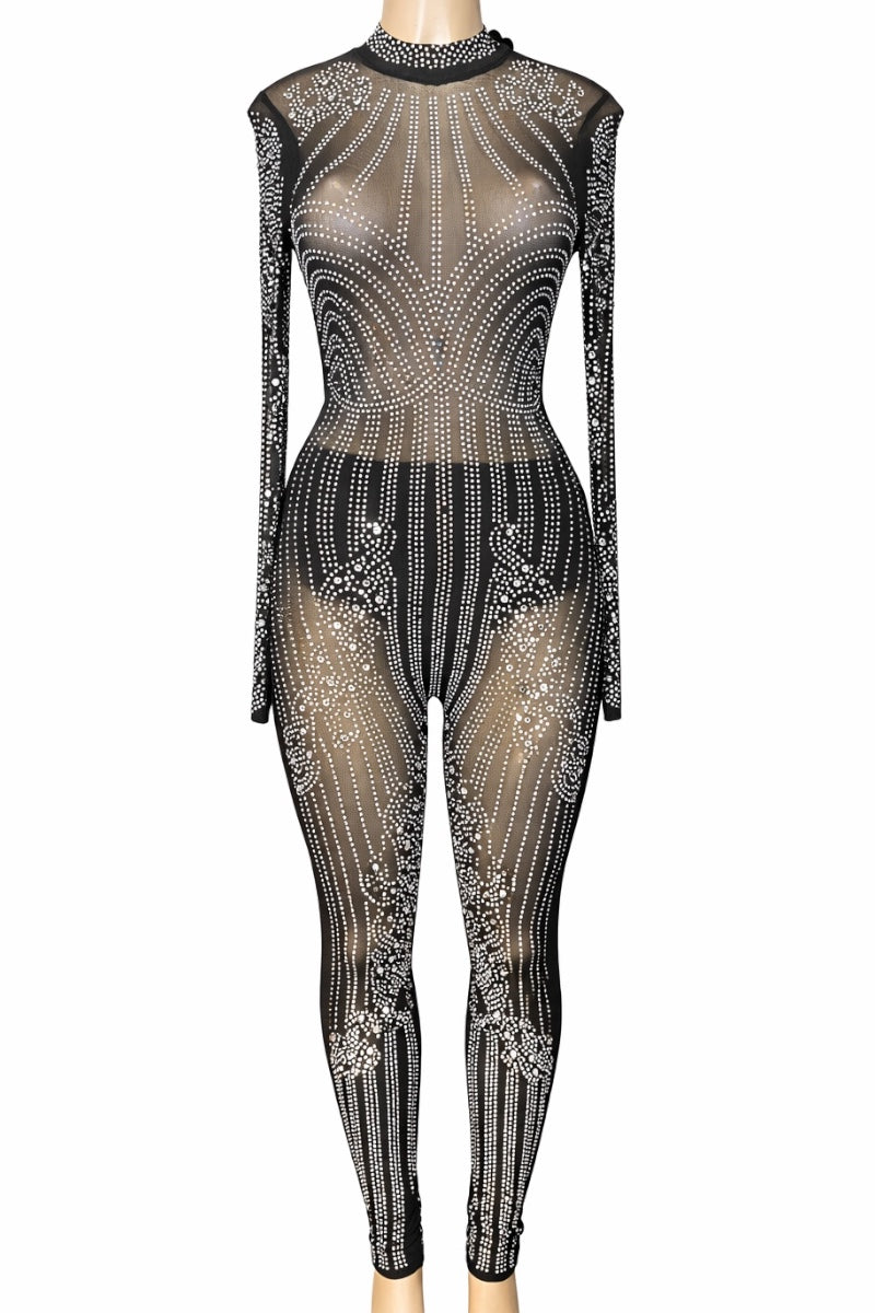 Black mesh jumpsuit with rhinestone embellishments on a white background