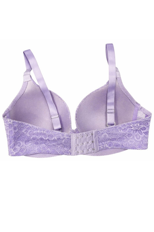Lavender bra with lace details on a white background