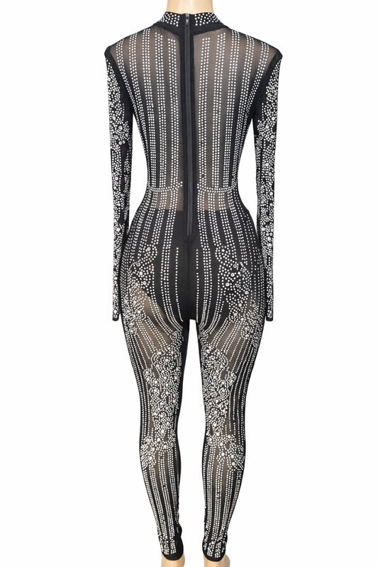 Black jumpsuit with silver embellishments on a white background
