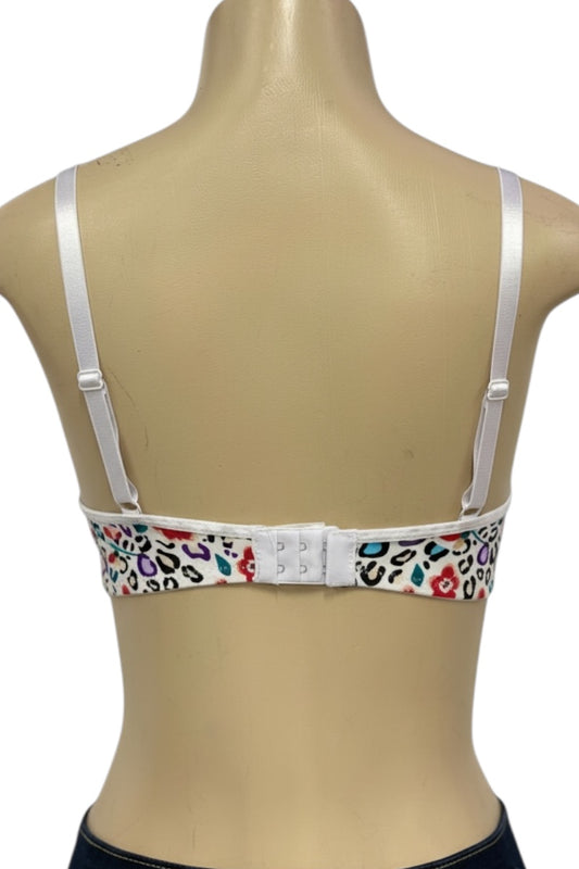 Mannequin wearing a bra with colorful leopard print band on a white background