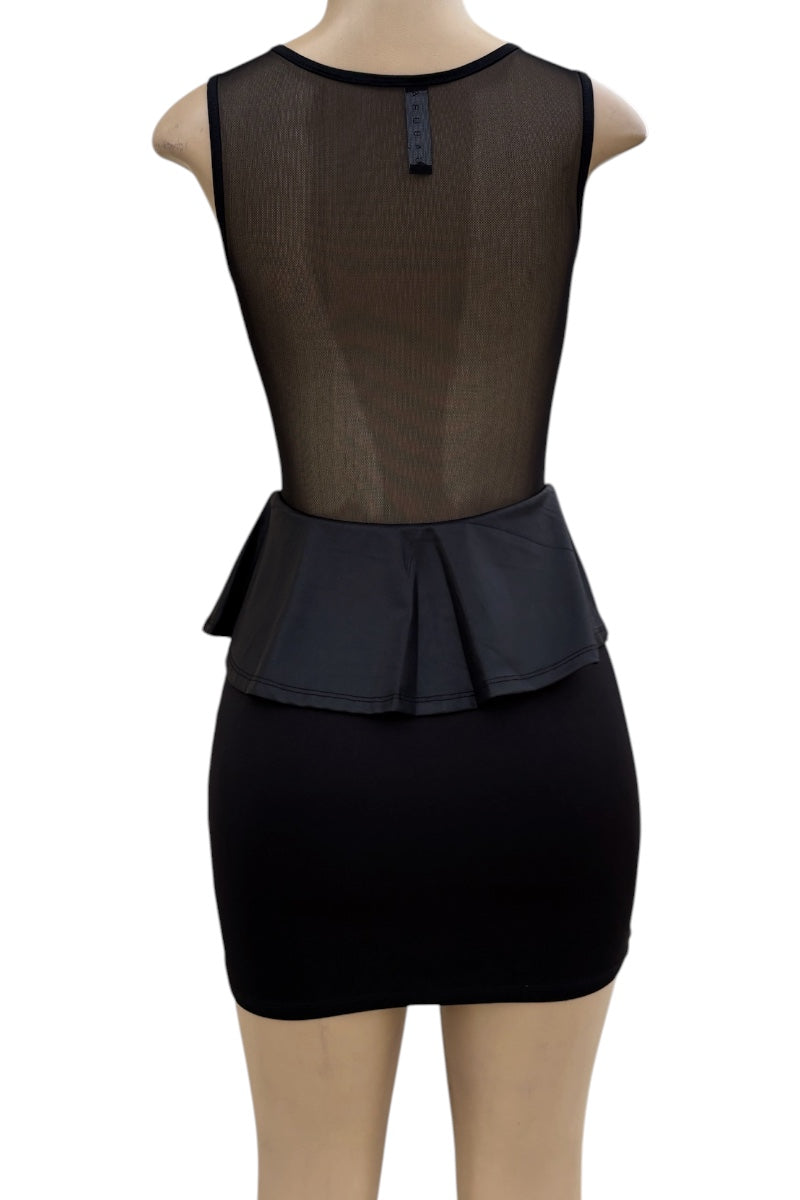 Black peplum dress on a mannequin against a white background