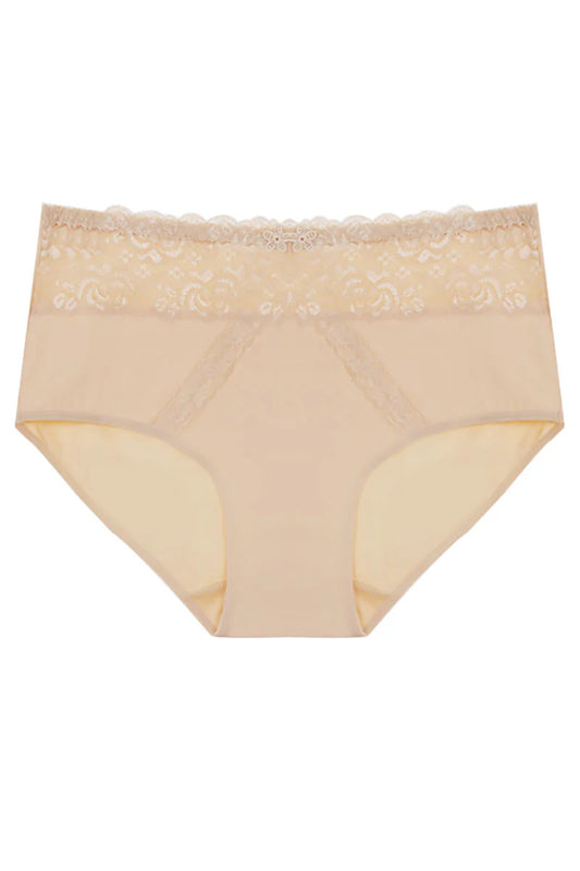 Beige women's underwear with lace trim on a white background