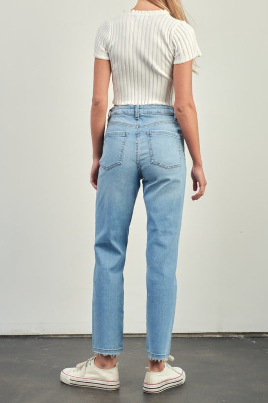 High Rise Distressed Slim Straight Jeans