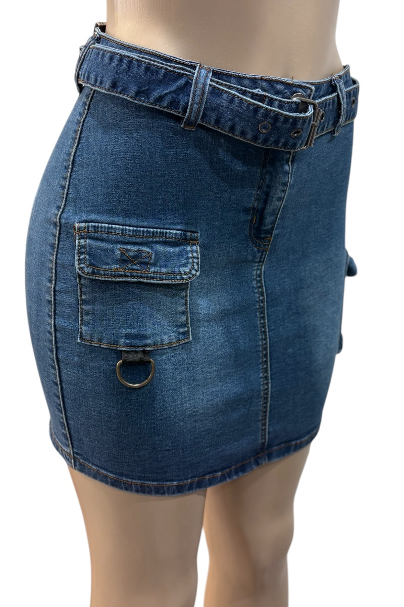 Blue denim skirt with a belt on a white background