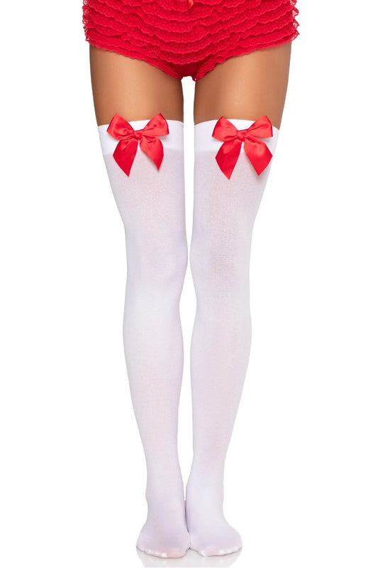 White thigh-high socks with red bows worn over red shorts on a white background