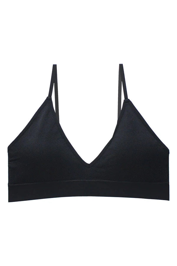 Black bralette with thin straps on a white background