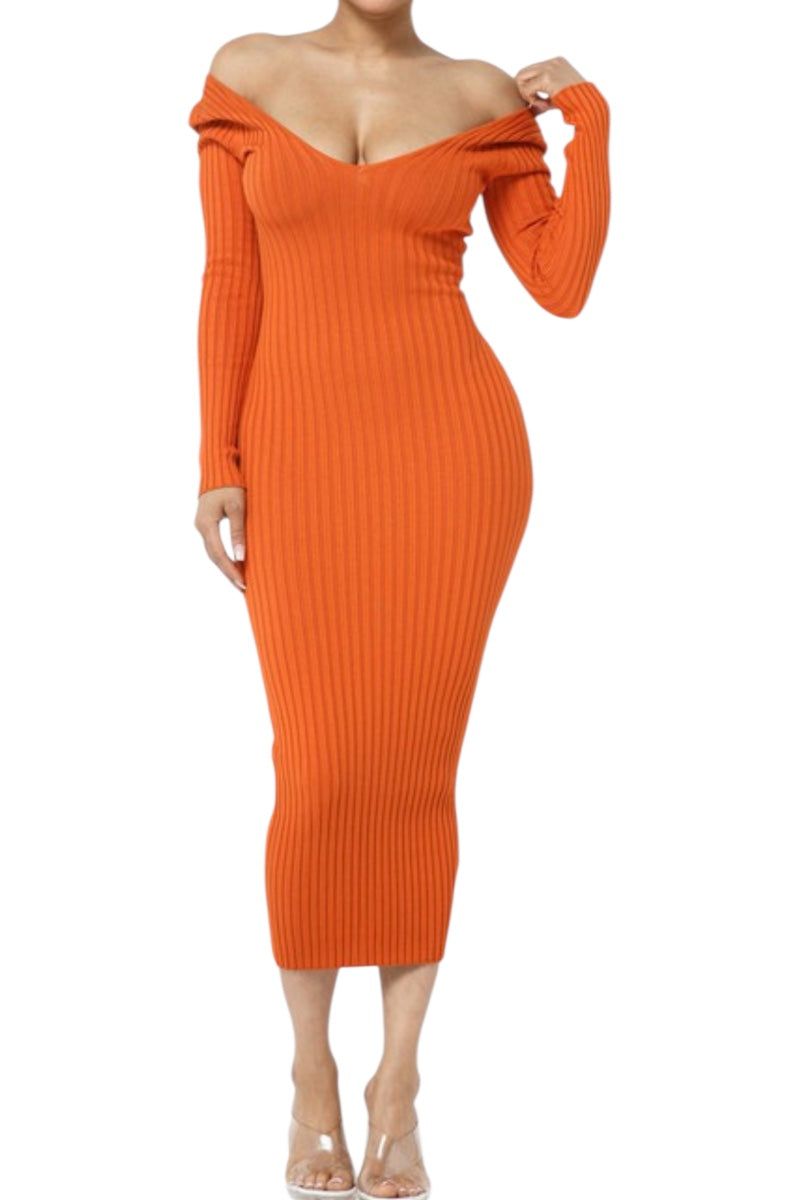 Orange rust ribbed dress with long sleeves on a white background