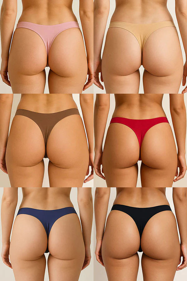 Collage of different colored underwear worn by a person on a plain background