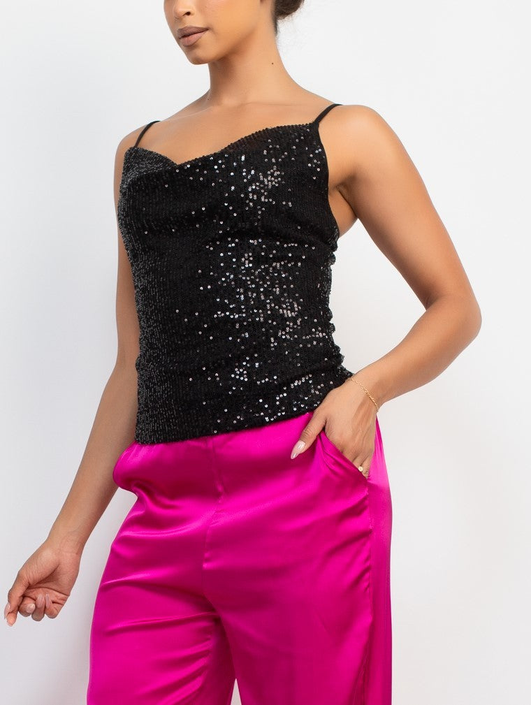 Sequin Cowl Neck Sleeveless Top